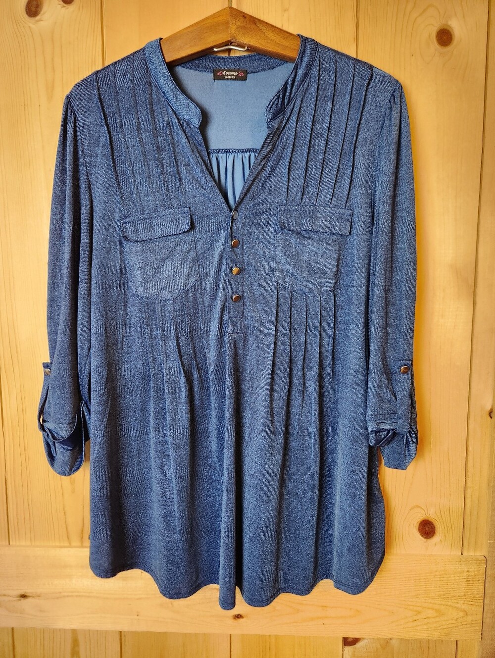 Vintage Cocomo Woman Pintuck Pleat Front Blue 1/4 Button Roll Tab Tunic Top